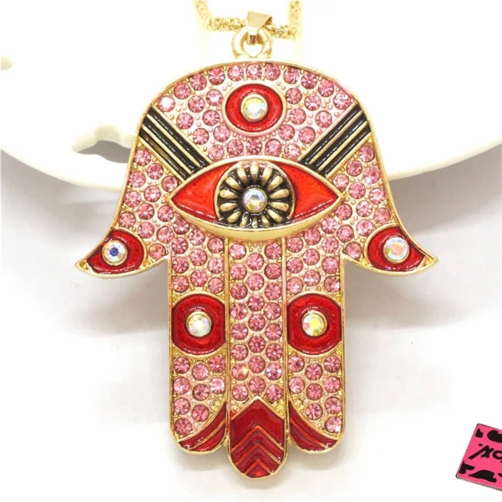 Hamsa Eye Red & Pink Enamel & Crystal Crystal Necklace with lobster clasp